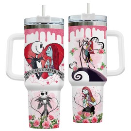 GEPOSTORE Valentines Day Gifts for Him Her, Jack Skeleton 40 Oz Tumbler with Handle, Horror Valentines Cup, Nightmare Before Characters Mug, Gifts for Movie Lovers