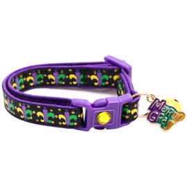 Mardi Gras Cat Collar with Bell | Safety Breakaway | Adjustable Large Size or Kitten Collar (Fleur De LYS on Black, Small(10lbs & Less))