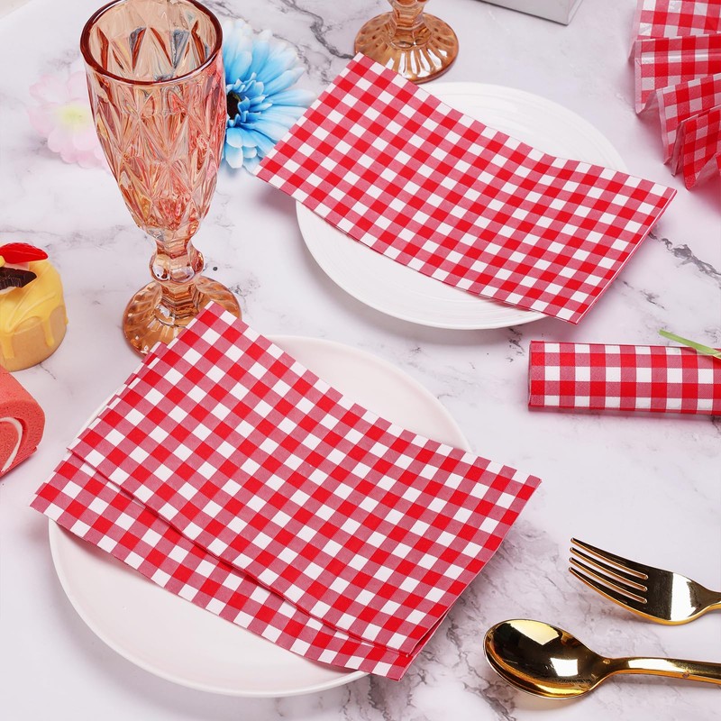 100 Pcs Red Gingham Napkins Disposable - Red and White