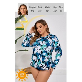 Halcurt Womens Plus Size Long Sleeve Rash Guard Swim Top with Built in Bra Loose Fit UPF50+ Sun Protection Swimsuit Blue Green White Floral 2X