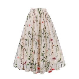 AXOE Women Midi Long Tulle Skirt 3 Layered A-Line Elasticated Waist for Weddings, Cocktail & Summer Beige and Embroidered Floral F02, UK Size 8-12, S