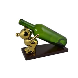 Wine Bodies 10" Polished Gold Bear on Wooden Base Bottle Holder