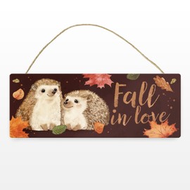 Hedgehog in Autumn Metal Sign with Saying Fall in Love A Cute Aluminium Sign for Autumn Mood Cute Hedgehog Couple
