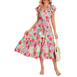 Women's Spring Floral Tiered Long Midi Dresses Short Sleeve Boho Beach Ruffle Floral Dress for Women Flowy Swing Maxi Dress