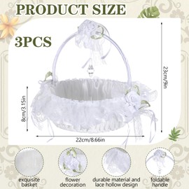 Honeydak 3 Pcs 9 Inch Wedding Flower Girl Baskets with Foldable Handle, Satin Lace Bowknot Baskets for Wedding Flower Girl (White)