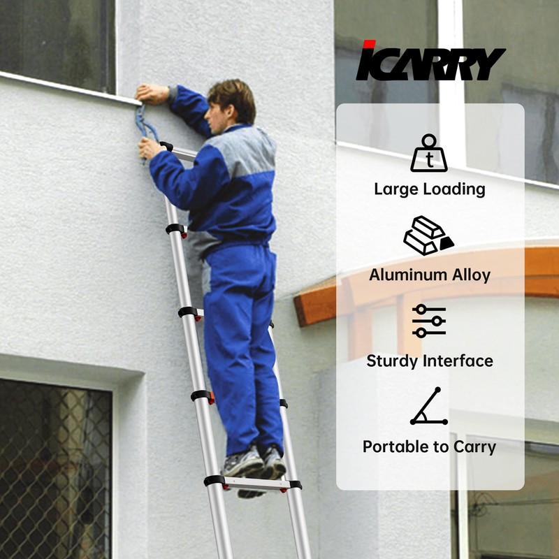 ICARRY Telescoping Ladder 10.8 FT Aluminum One-Button Retraction Collapsible Ladder,