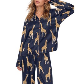 SHESHOW Women's Funny Satin Pajama Set Long Sleeve Button Up Pjs Sets Animal Print Pajamas 2PCS Sleepwear Navy XL
