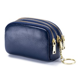 GOOPAI 3 Zippered Genuine Leather Coin Purse Triple Capacity Change Pouch Little Travel Wallet with Key Ring for Women