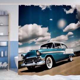 Winteriew Cool Retro Car Shower Curtain Vintage Antique Car Sunset Cloudy Theme Fabric for Men Boys Bathroom Decor Sets with Hooks Waterproof Washable 72 x 72 inches Navy Blue and White