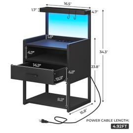 VIAGDO Night Stand Set 2 with Charging Station and LED Lights, Black Night Stand with Drawer, Modern End Side Table with Open Storage Shelves, Bedside Tables for Bedroom, Office