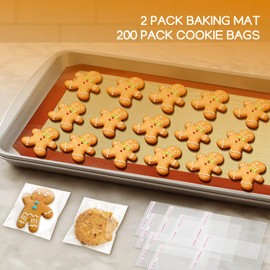 2-Pack Silicone Non-Stick Food Safe Baking Mat Set with Cookie Bags, 15.7x11.8" Baking Mats, Non-Stick, Oven-Safe up to 480°F, with 200 Pcs Self Sealing Cellophane Bags 4.8" x 4" - ZZ02
