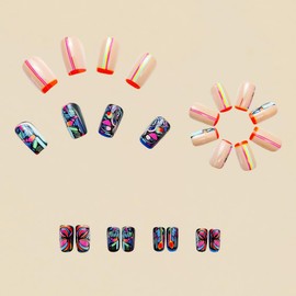 Coffin Press on Nails Medium French Tip Fake Nails Colorful Stripes Acrylic Stick on Nails Glossy Full Cover Glue on Nails Cute Square False Nails Reusable Artificial Nails Kit for Women Girls 24Pcs