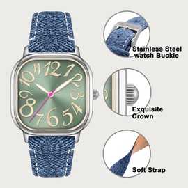 Asan Ge 32MM Women's Watch 3ATM Waterproof and Wear-Resistant, Color Watch is Easy-to-Read with Arabic, Which is Suitable for Lady with Wrists of 5-7 Inches and The Elderly (Denim Blue, PU Leather)