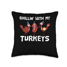 Turkey Bacon Thanksgiving Decor Pilgrim Costume Thanksgiving Matching Family Chillin with My Turkeys Throw Pillow, 16x16, Multicolor