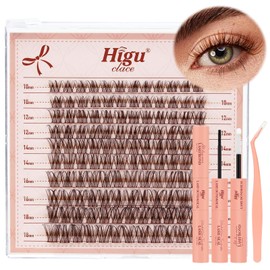 Brown-Cluster-Lashes Kit Wispy Lashes Clusters Kit 10-18mm, Higu clace Eyelashes- Individual with Bond and Seal and Tweezers, DIY Lash Extensions Kit at Home(Brown 01）
