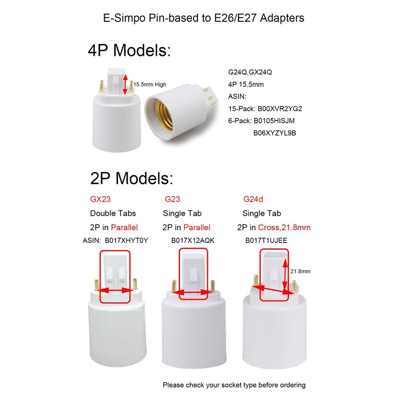 15-Pack 4P Gx24q to E26 Lamp Base Converter,15.5mm G24Q to