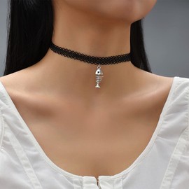 Inateannal Gothic Hollow Lace Choker Necklace Black Tattoo Choker Fishbone Pendant Necklace Chain Jewellery for Women Girls