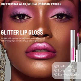 Wugbc Rose Pink Glitter Lip Gloss Metallic Liquid Lipstick, Long Lasting Moisturizing Transfer-Proof Shimmer Lip Gloss for Women | Lightweight Non-Sticky Highly Pigmented Lipcolor for Everyday Wear