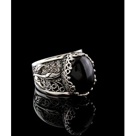 Filigranist 925 Sterling Silver Filigree Art Tulip Detailed Women Cocktail Ring with Black Onyx Gemstone, Luxurious Gift Packed (Black Onyx, 7)