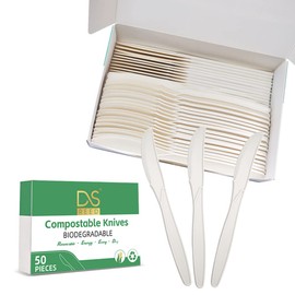 DS REED Compostable Flatware Cornstarch Cutlery 50 Piece Set Knives Eco-friendly Utensils Biodegradable Durable Strong Heavy-Duty Heat-Resistant BPA-free Plastic Alternative