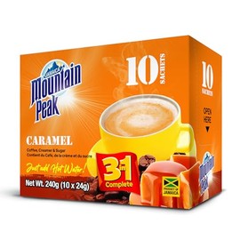 Jamaica Mountain Peak Caramel 3 in 1 Instant Coffee Mix, Contains Coffee, Creamer & Cane Sugar (10 x 24g Sachets)