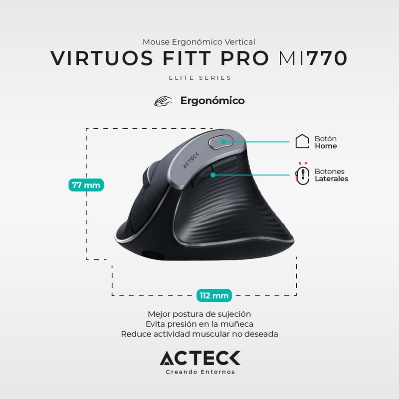 Acteck Mouse Ergonomico VIRTUOS Fitt Pro MI770 1600dpi Inalambrico 8