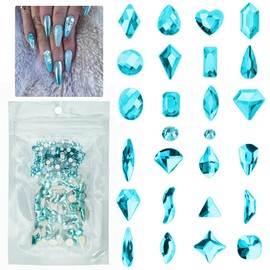 Aquamarine Nail Rhinestones 120 Multi Shapes Flatback Lake Blue Crystals Gems +SS10 SS16 Water Blue Round Beads K9 Glass Stones Diamonds Jewels Nail Art Supplies Nail Charms for Nails Eyes Face Makeup