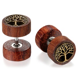 JewelryWe Wood Stud Earrings Set: 10mm Cheater Fake Ear Plugs Gauges Screw Back Wooden Plug Earrings for Men Women