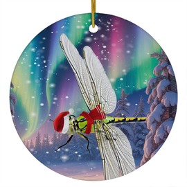 Funny Green Dragonfly Christmas Ornament 2025 Ceramic Circle White - Festive Winter Northern Lights Holiday Xmas Tree Hanging Decoration Gifts for Dragonfly Lovers