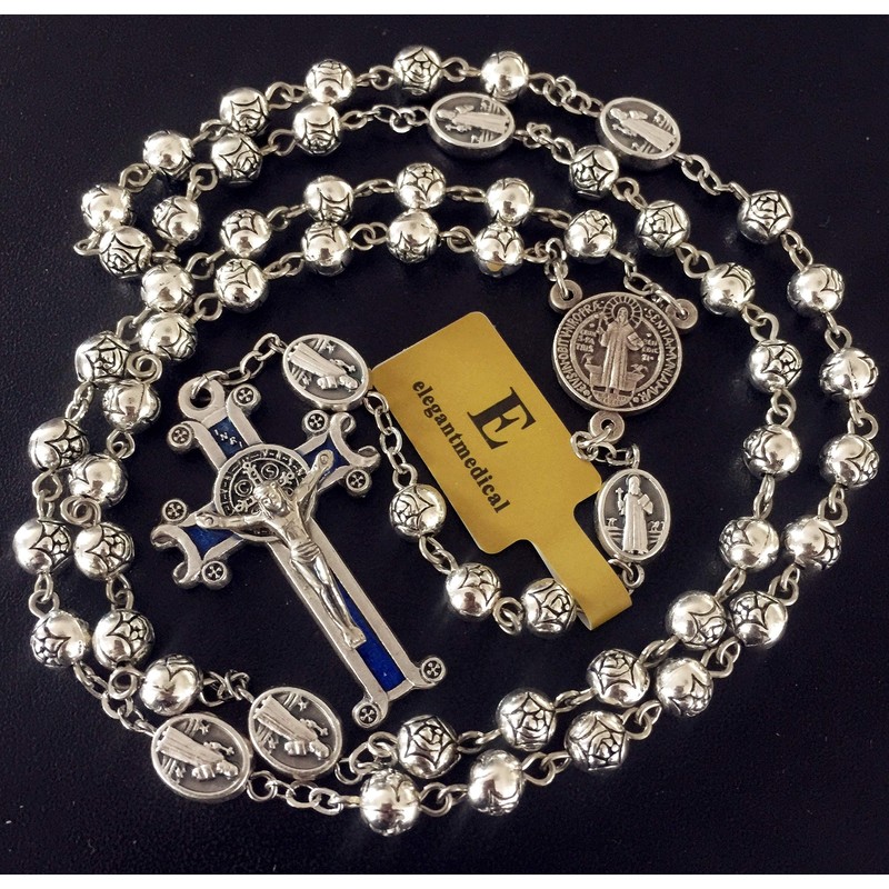 elegantmedical HANDMADE SILVER ROSE BEADS CATHOLIC Saint St Benedict ROSARY