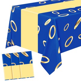Oudain 3 Pcs Blue with Gold Ring Print Plastic Tablecloth 108 x 54 Inches Video Games Tinsel Table Cover Cartoon Theme Birthday Party Supplies Decoration