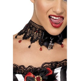 Smiffys Gothic Ribbon and Lace Beaded Necklace, Black , Halloween Fancy Dress Accessory, Halloween Dress Up Jewellery