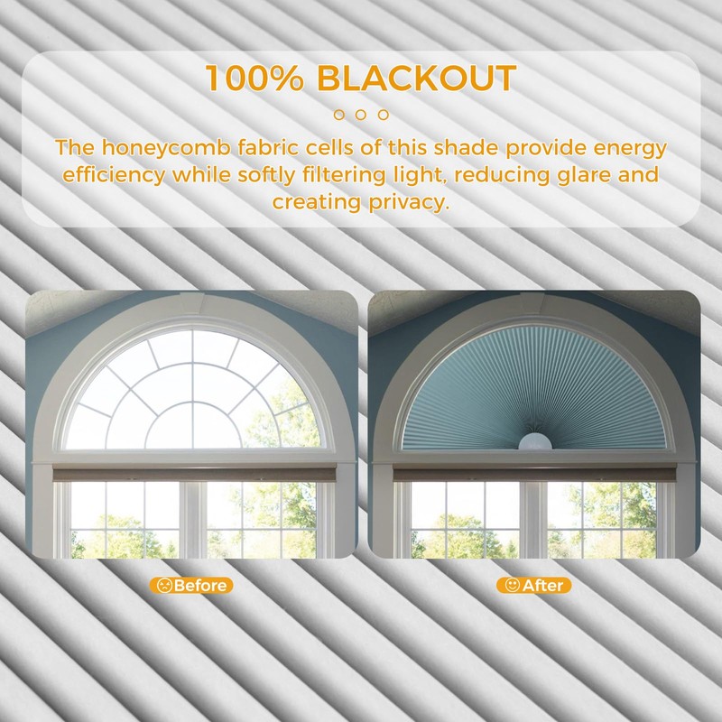 100% Light Blocking Arch Window Shades, Pleated Fabric Half Circle