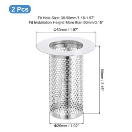 sourcing map 3 Pack Shower Drain Strainer, 3.1" x 2" Stainless Steel Floor Drain Strainer Deep Sink Hair Catcher for Kitchen Bathroom Balcony Floor Drain, Fit Hole Size from 1.18" to 1.97"