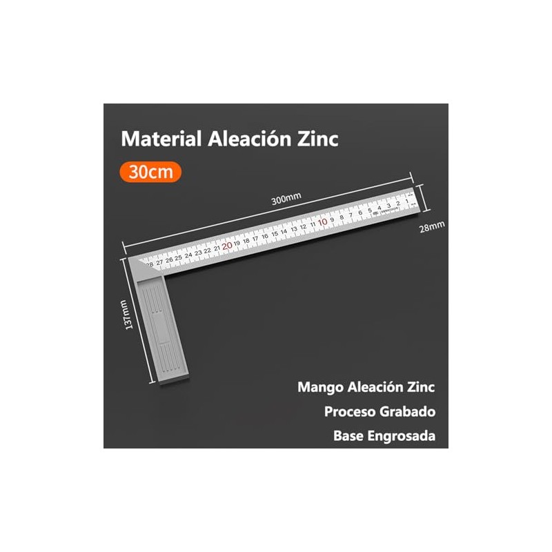 Escuadra para Carpintero de 90 grados,Base de Aluminio,30cm,Escuadra Herrero de
