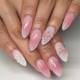 24 Pcs Press On Nails Short Almond - ZIFANHU Ombre Pink Fake Nails Press Ons Nail Art Tip Full Cover Acrylic White False Nails with Peach Blossom Design Glue on Nails Kit for Women