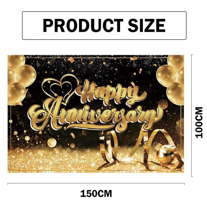 QYCX Anniversary Party Decorations - Black and Gold Backdrop Banner