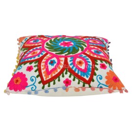 Trade Star Suzani Pillow Cover 16x16, Decorative Indian Cushions, Pom Pom Pillow Cases, Cotton Outdoor Cushion Covers, Throw Pillow Shams (Pattern 1)