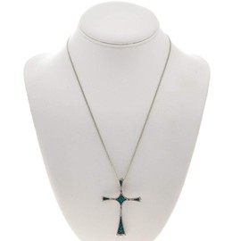 Navajo Inlaid Turquoise Sterling Cross Pendant With Silver Chain 0205