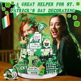 Ferraycle 24 Pcs St. Patrick's Day Tiered Tray Decor Set Shamrock Gnome Truck Wood Sign Rustic Irish Theme Table Centerpiece Tabletop for Home Table(Shamrock)