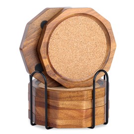 LiWiBet Wood Cork Coasters for Drinks Absorbent with Holder, 4.33in Decagonal Shape Acacia Wood Coaster Set Drink Coasters for Cups, Mugs, and Glasses - Handcrafted, Durable, and Stylish