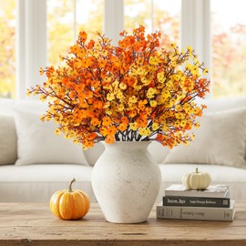 HIAGROW 8Pcs Babys Breath Artificial Fake Fall Flowers, Real Touch Orange Yellow Plants Silk Flowers for Vase Home Office Wedding Indoor Outdoor Centerpiece Table Party Autumn Christmas Decorations