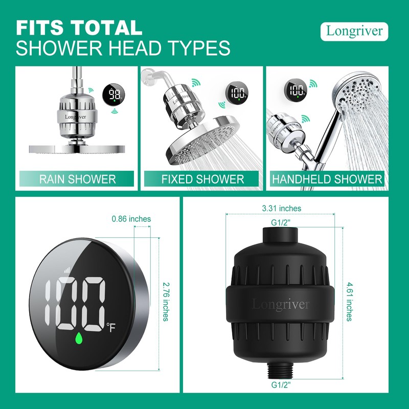 Tem8(R7Pro) Bathroom Shower Filter Fixture with Wireless Temperature Display |