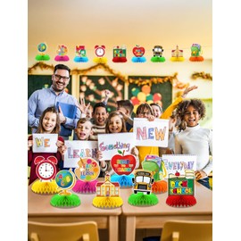 Adeyoo Back to School Table Decorations - 9 Pcs Welcome Back to School centerpieces for tables Bus Stationery Chalkboard Honeycomb Centerpiece Table Toppers for Teachers Students Classroom Supplies