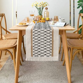 LOMOHOO Macrame Table Runner 12''x108''Cream Beige Boho Table Runner with Tassels,Hand Woven Cotton and Burlap Splicing Table Runner,Rustic Farmhouse Table Runner for Bohemian Kitchen Dining Tabl