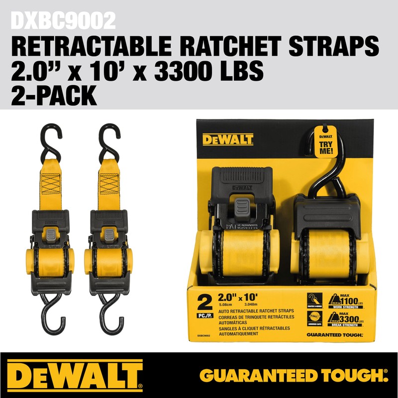 DEWALT DXBC9002 Black/Yellow 2” x 10’ Auto Retractable Ratchet Straps