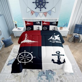 Nautical Kids Comforter Sets Queen Size,Ocean Anchor Rudder Bedding Comforter Sets,Sea Adventure Coastal Lighthouse Quilt Sets for Boys Adult,Red Blue White Duvet Insert with 2 Pillowcases