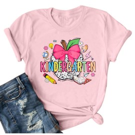 Teacher Shirts for Women Happy First Day of School T-Shirt Back to School Tops Casual Kindergarten Teacher Gift Tee Pink