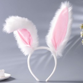 Pink Bunny Ears Furry Rabbit Ears Cute Fluffy Easter Bunny Headbands Festival Hair Accessories for Women (White)