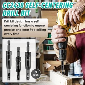 3 Pcs CC2430 Self Centering Drill Bit Set 3/32", 7/64", 1/8" - Self Centering Hinge Drill Bit for 1/4" Hex Shank Drill - Suitable for #6 8 10 Screws